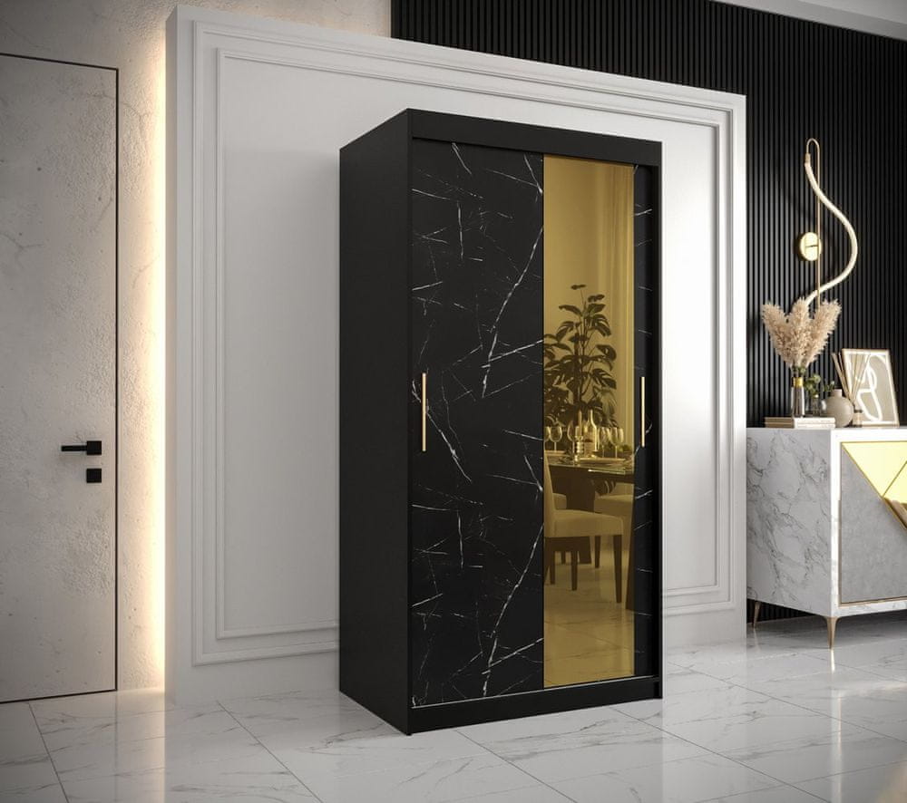 Veneti Dizajnová šatníková skriňa so zlatým zrkadlom MADLA 2 - šírka 100 cm, čierna