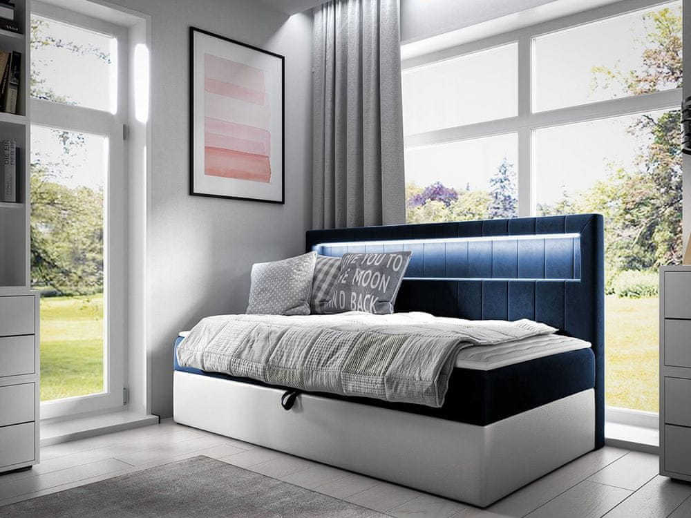 Veneti Boxspringová jednolôžková posteľ 80x200 RAMIRA 2 - biela ekokoža / modrá 1 + topper ZDARMA