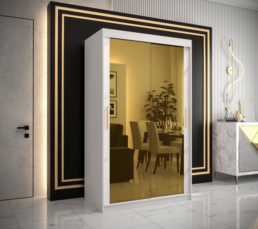 Veneti Dizajnová šatníková skriňa so zlatým zrkadlom MADLA 3 - šírka 120 cm, biela