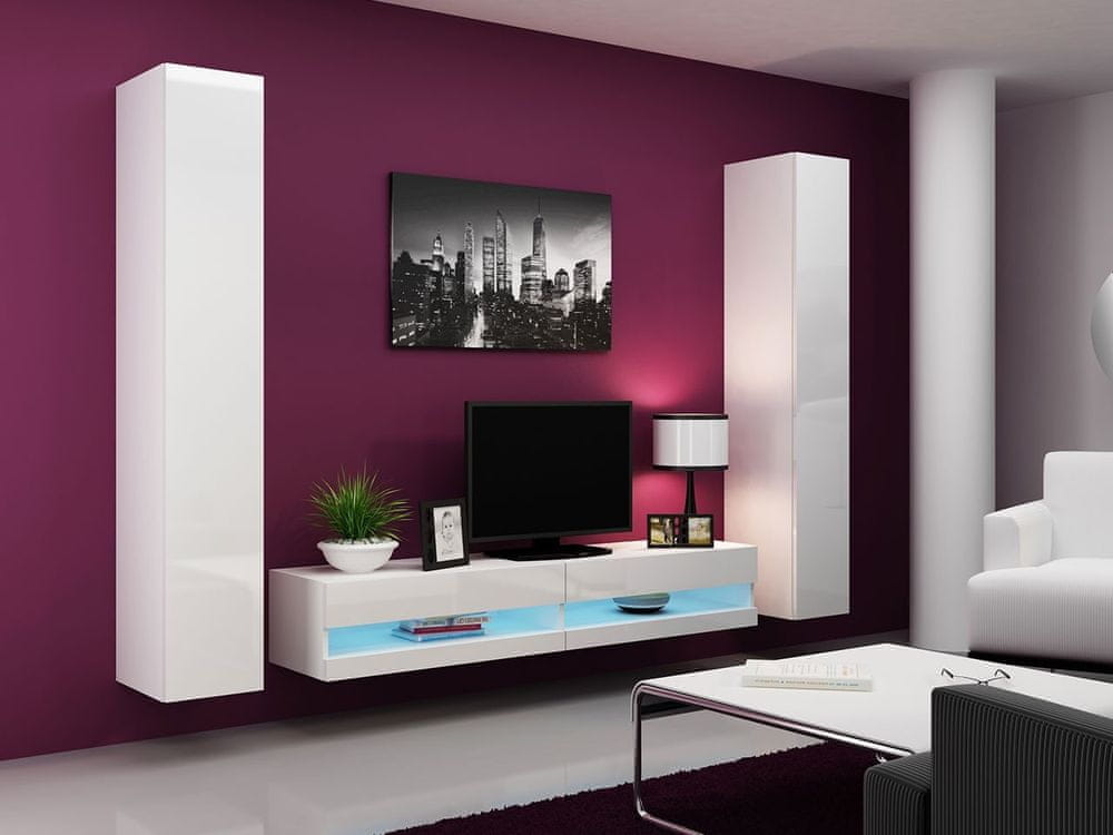 Veneti Stena do obývacej izby s LED modrým osvetlením ASHTON N4 - biela / lesklá biela