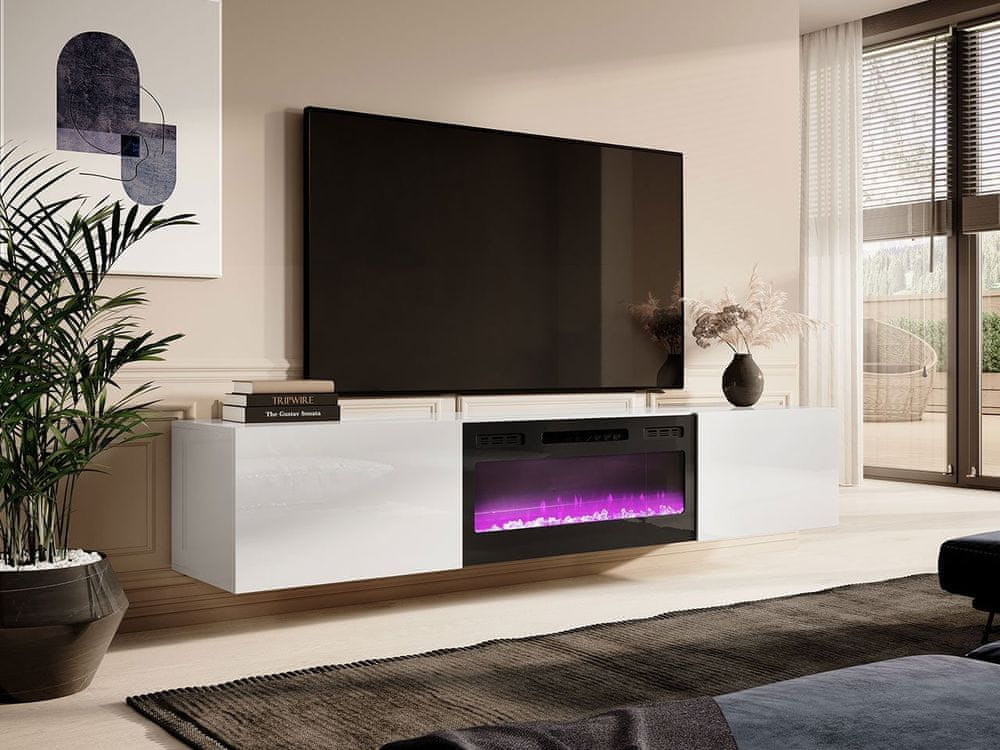 Veneti Závesný TV stolík s elektrickým krbom TOKA - biely / lesklý biely