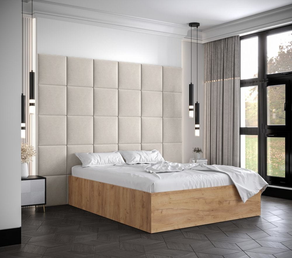 Veneti Manželská posteľ s čalúnenými panelmi MIA 3 - 160x200, dub zlatý, béžové panely