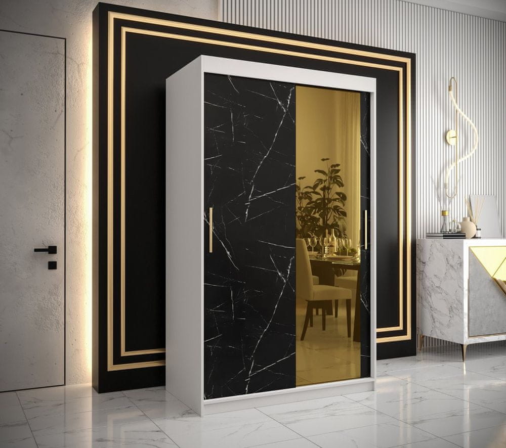 Veneti Dizajnová šatníková skriňa so zlatým zrkadlom MADLA 2 - šírka 120 cm, biela / čierna