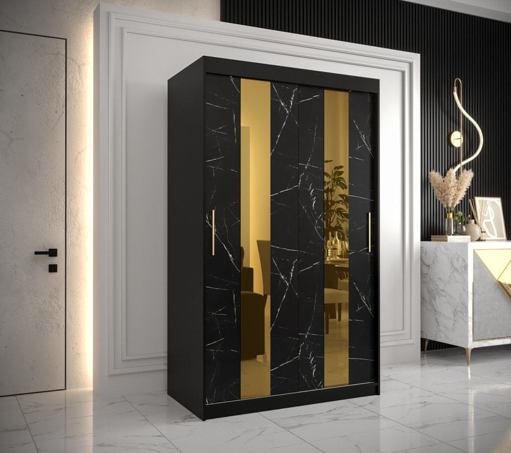 Veneti Dizajnová šatníková skriňa so zlatým zrkadlom MADLA 4 - šírka 120 cm, čierna