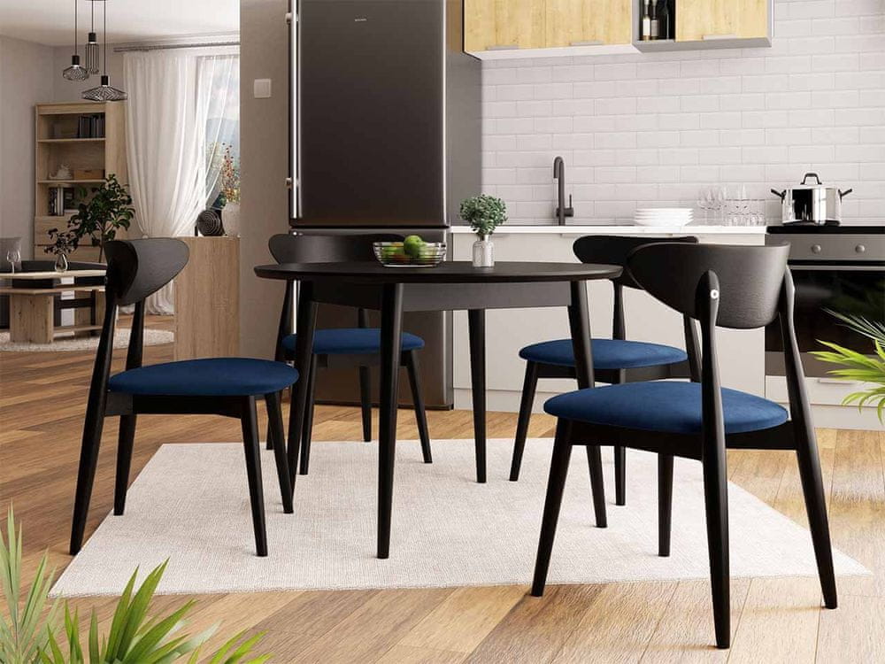 Veneti Okrúhly jedálenský stôl 100 cm so 4 stoličkami OLMIO 1 - čierny / modrý