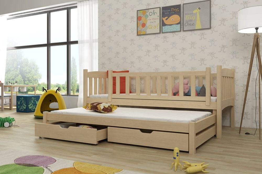 Veneti Detská posteľ s prístelkou a so zásuvkami ADINA - 80x200, borovica