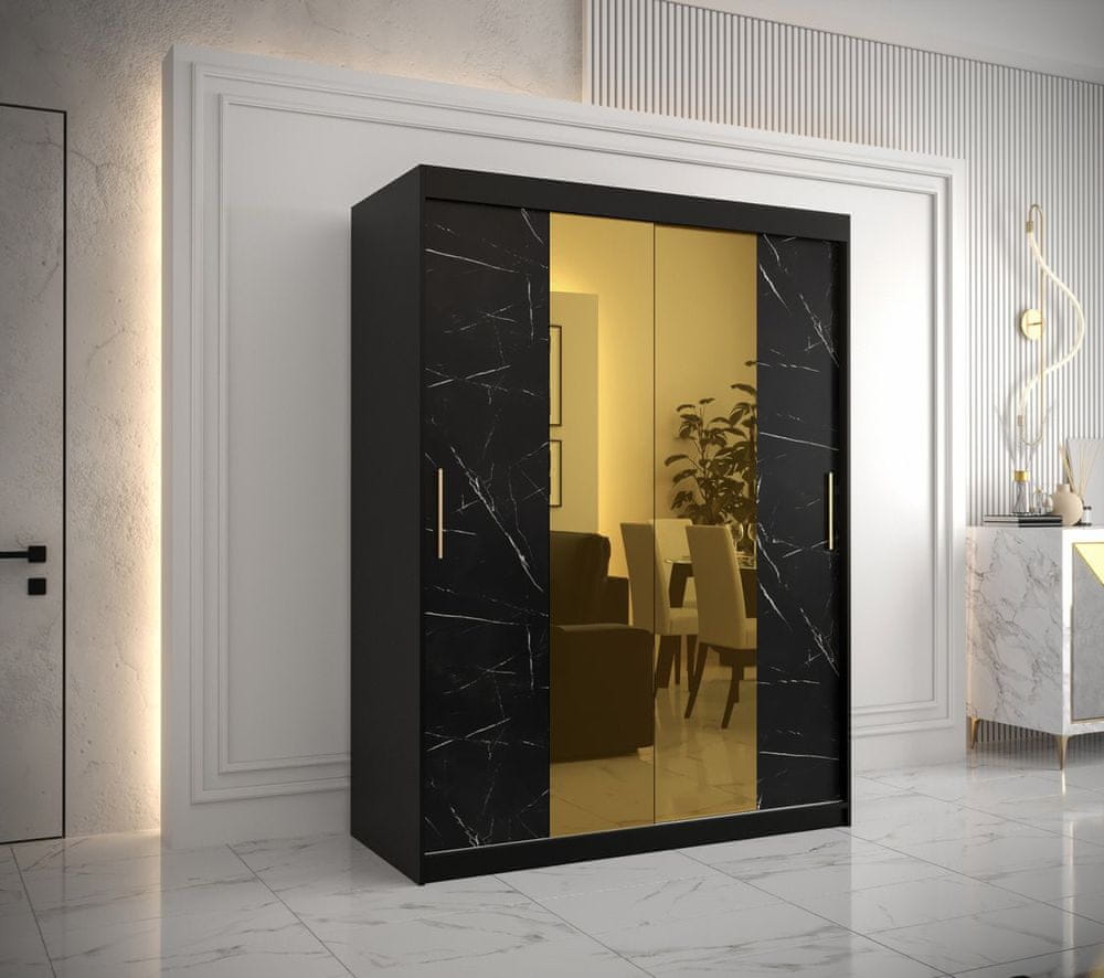 Veneti Dizajnová šatníková skriňa so zlatým zrkadlom MADLA 1 - šírka 150 cm, čierna