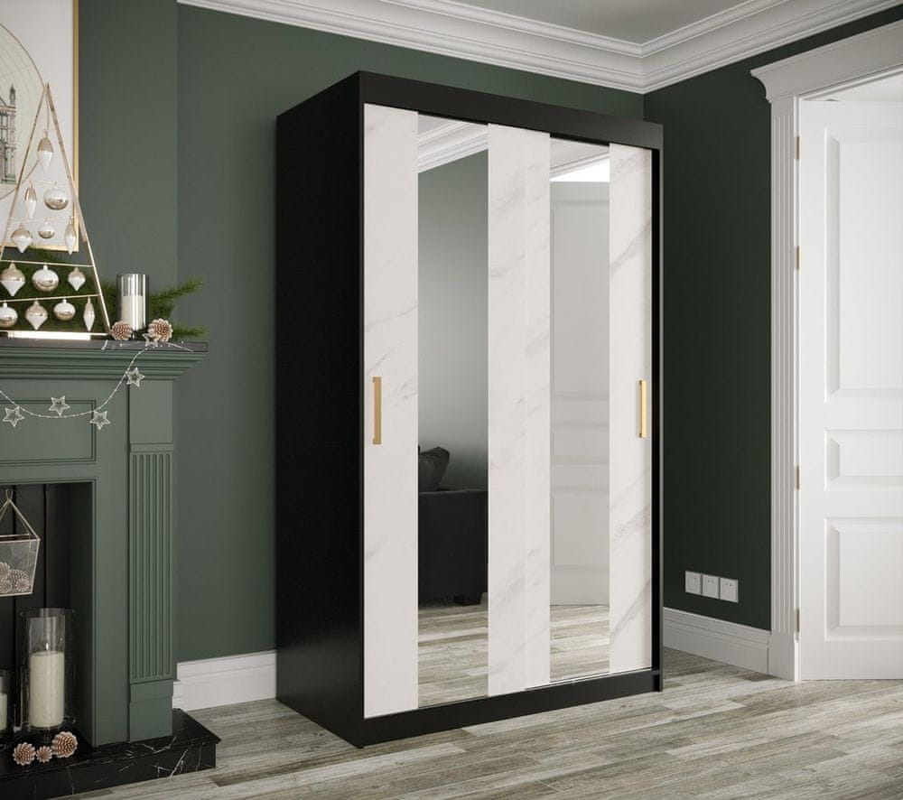Veneti Šatníková skriňa s posuvnými dverami a zrkadlami MAREILLE 4 - šírka 120 cm, čierna / biely mramor