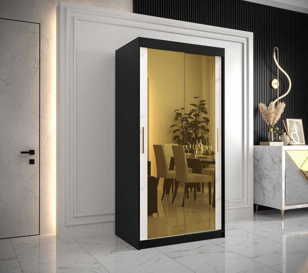 Veneti Dizajnová šatníková skriňa so zlatým zrkadlom MADLA 3 - šírka 100 cm, čierna / biela