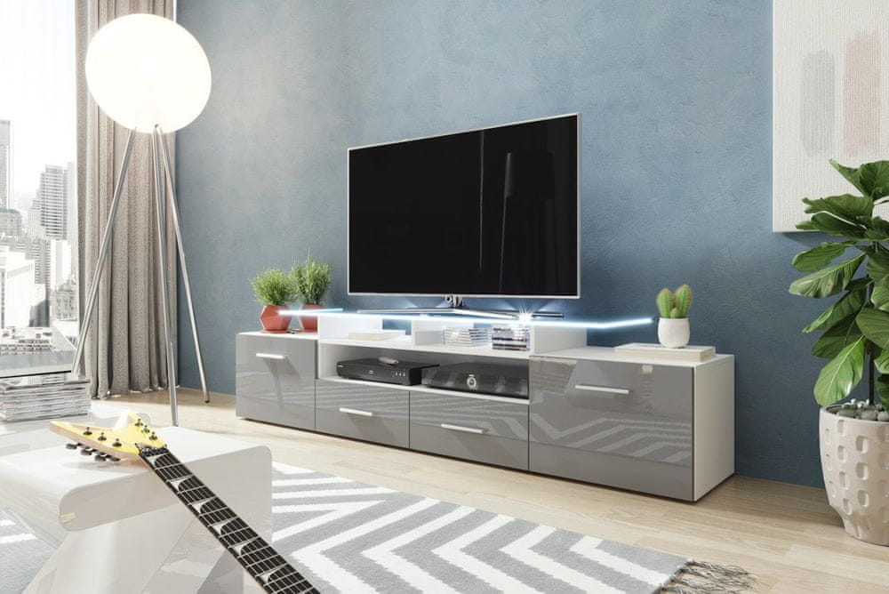 Veneti TV stolík s LED bielym osvetlením SOBRAL - biely / lesklý šedý