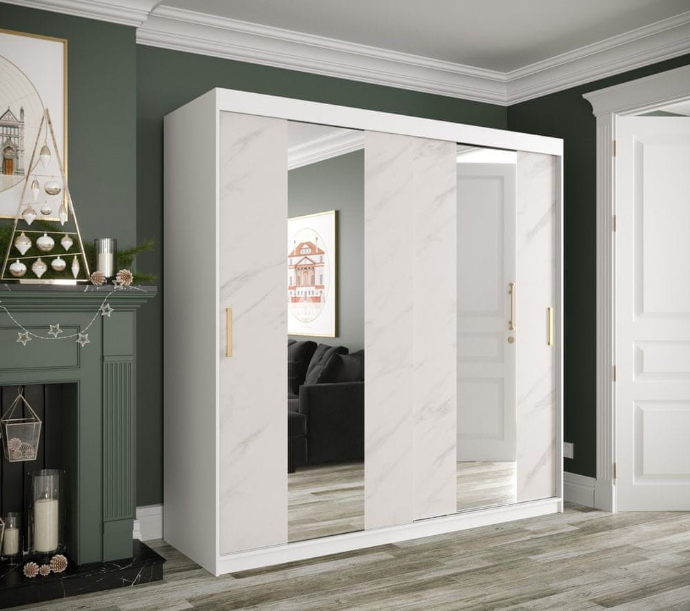 Veneti Šatníková skriňa s posuvnými dverami a zrkadlami MAREILLE 4 - šírka 200 cm, biela / biely mramor