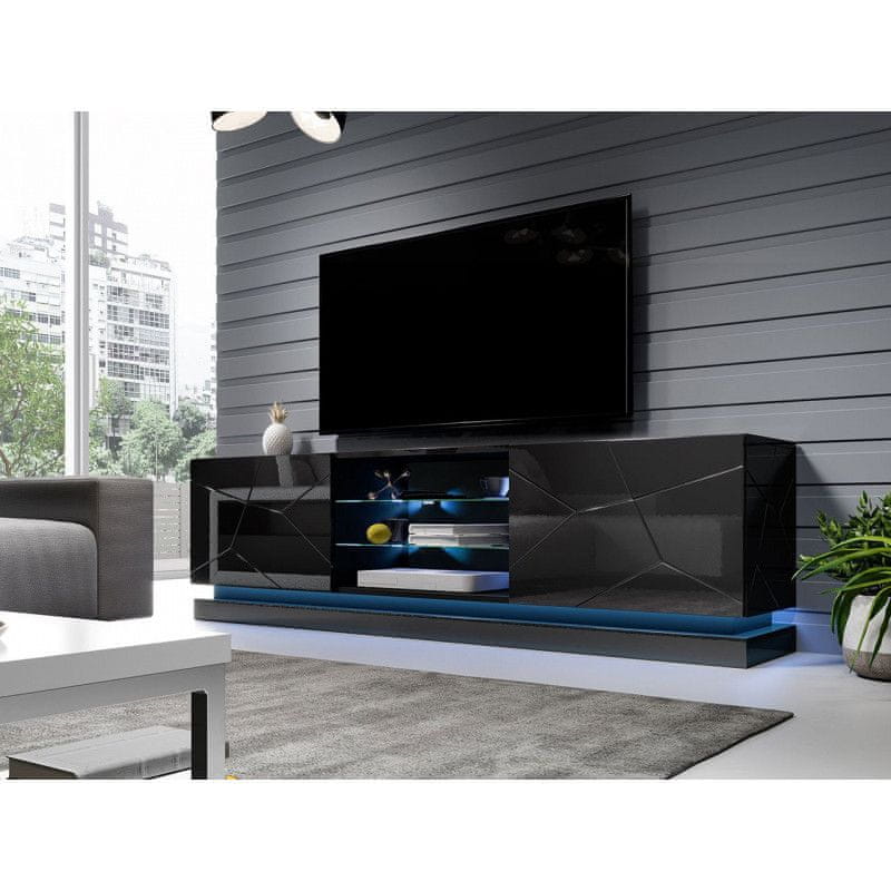 Veneti Televízny stolík s LED RGB osvetlením 200 cm LIMA - čierny / lesklý čierny
