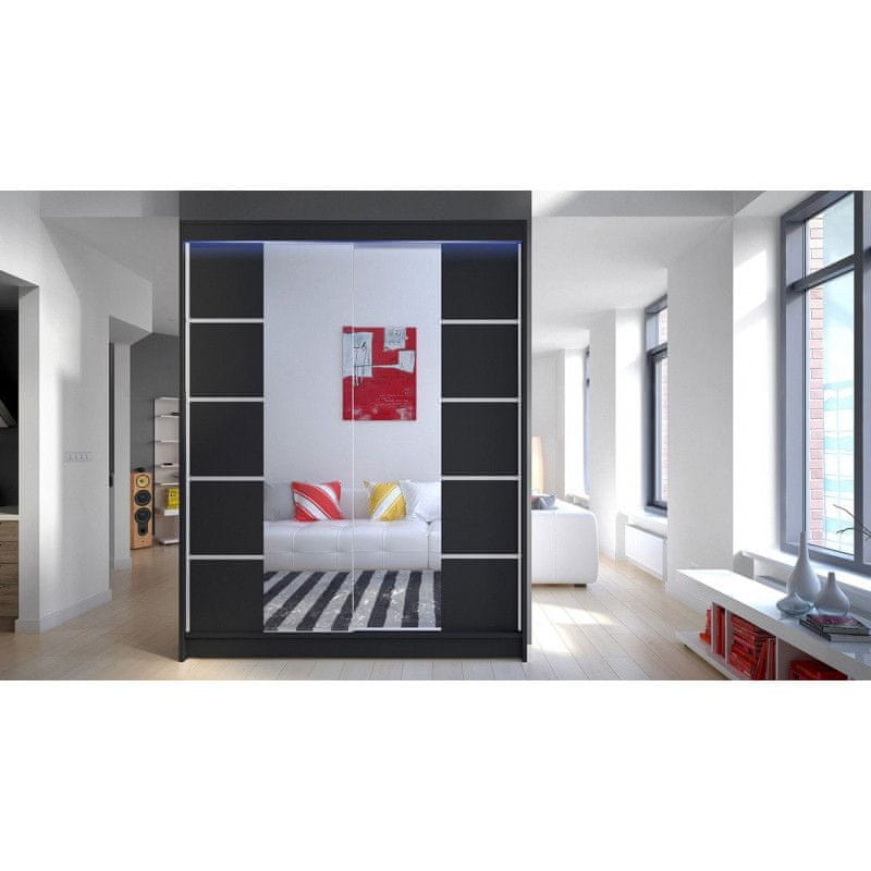 Veneti Zrkadlová šatníková skriňa 150 cm s posuvnými dverami a LED osvetlením PIRITU 5 - čierna