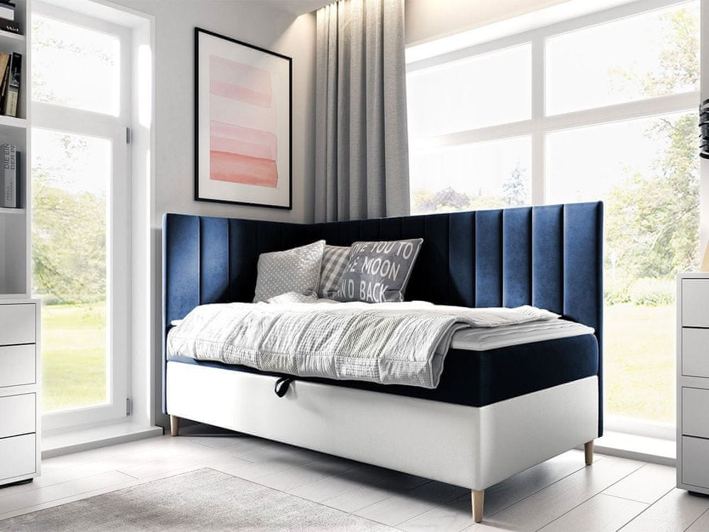Veneti Boxspringová jednolôžková posteľ 80x200 ROCIO 3 - biela ekokoža / modrá 1, ľavé prevedenie + topper ZDARMA