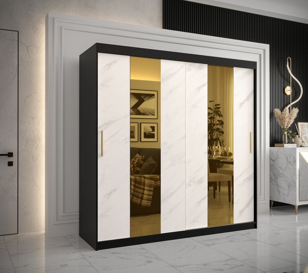 Veneti Dizajnová šatníková skriňa so zlatým zrkadlom MADLA 4 - šírka 200 cm, čierna / biela