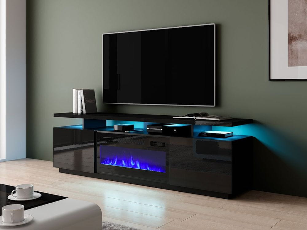 Veneti Televízny stolík s krbom a LED osvetlením SALTA - lesklý čierny / čierny