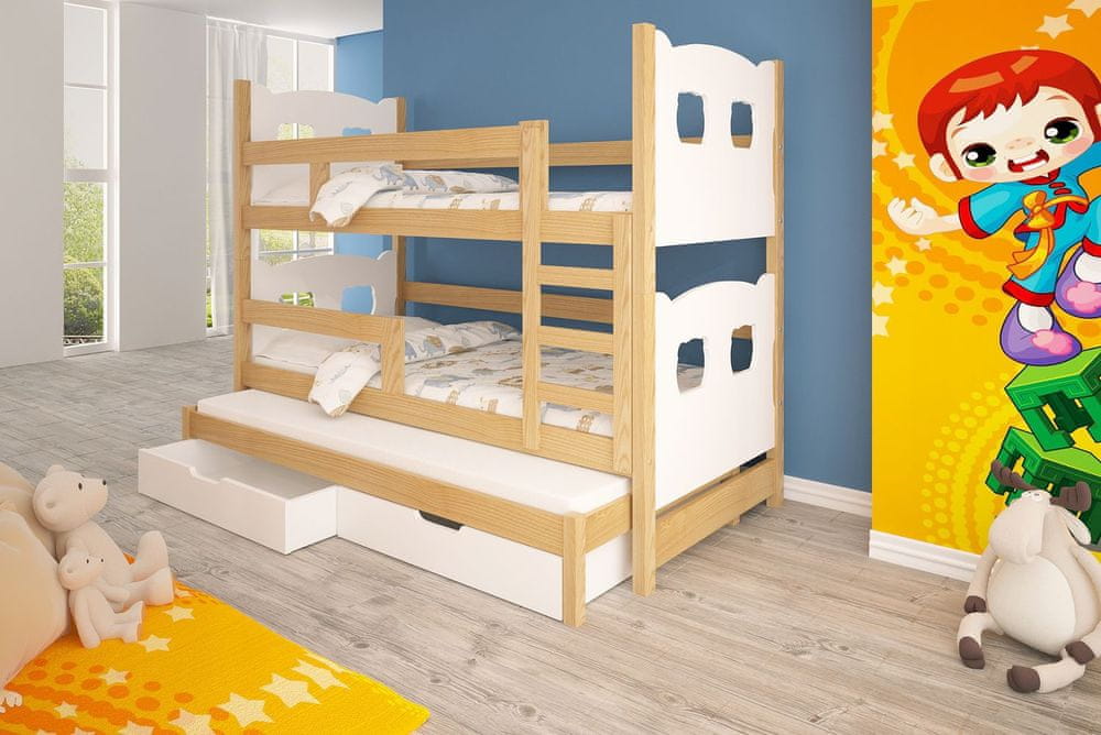 Veneti Detská poschodová posteľ pre troch KALA 1 - 75x180, borovica / biela