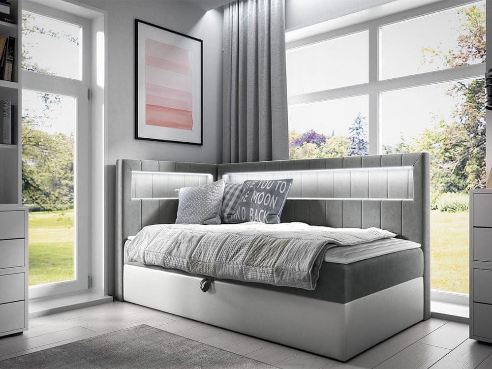 Veneti Kontinentálna jednolôžková posteľ 80x200 RAMIRA 3 - biela ekokoža / šedá, ľavé prevedenie + topper ZDARMA