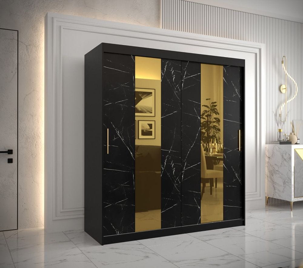 Veneti Dizajnová šatníková skriňa so zlatým zrkadlom MADLA 4 - šírka 180 cm, čierna