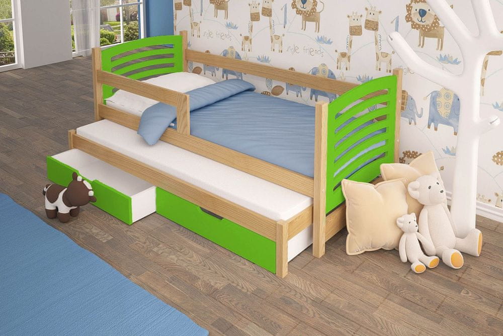 Veneti Detská posteľ s prístelkou KALA 2 - 75x180, borovica / zelená