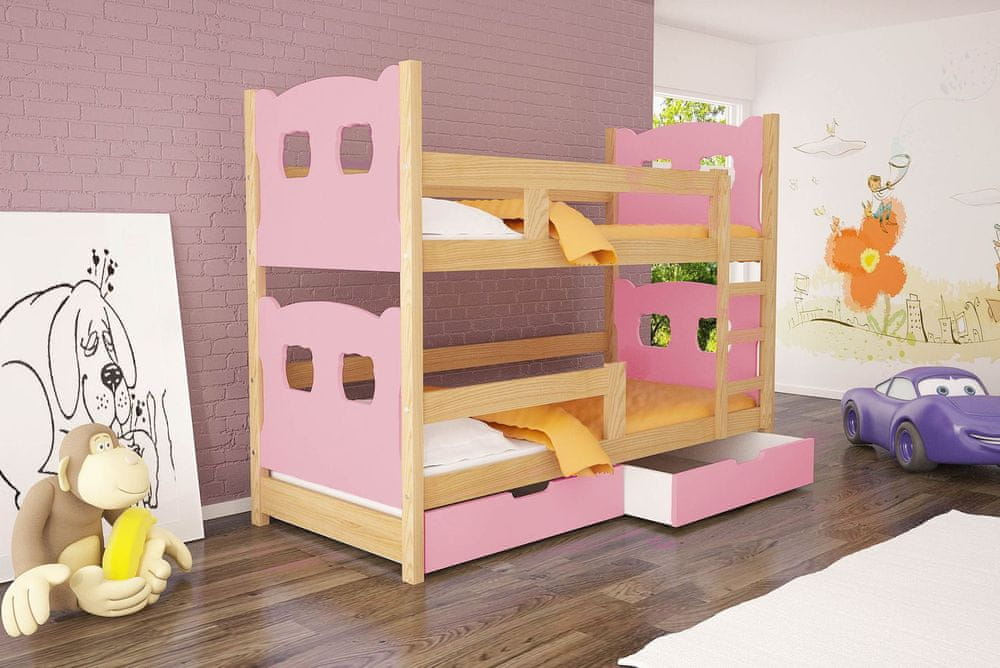 Veneti Poschodová posteľ s úložným priestorom KALA 1 - 75x180, borovica / ružová