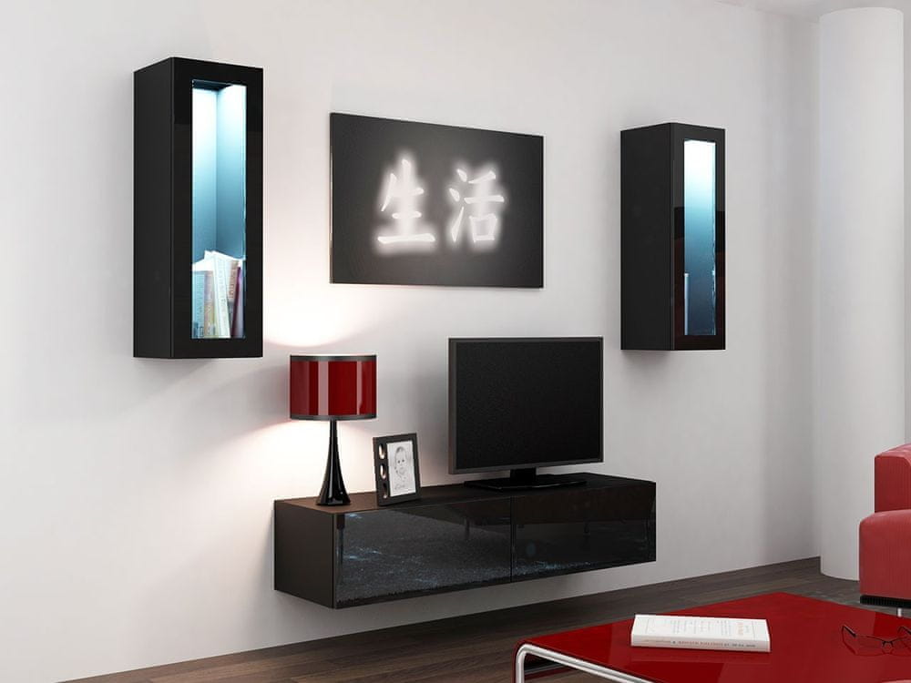 Veneti Obývacia stena s LED modrým osvetlením ASHTON 8 - čierna / lesklá čierna