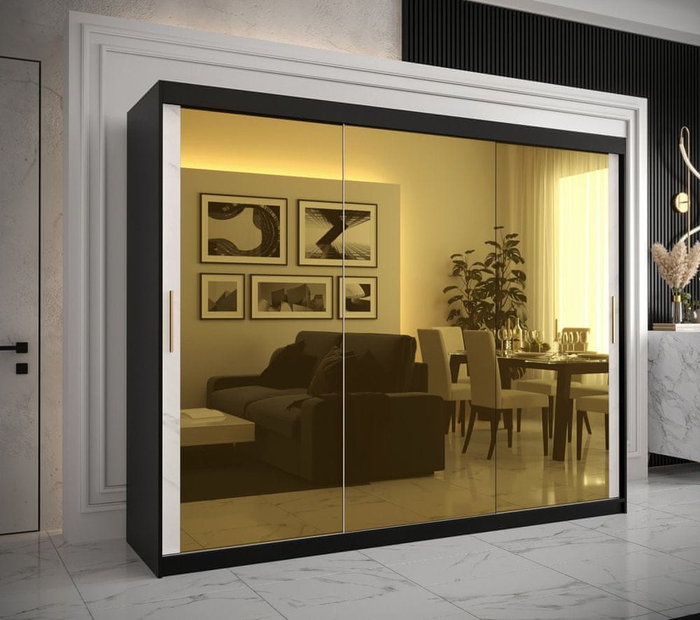 Veneti Dizajnová šatníková skriňa so zlatým zrkadlom MADLA 3 - šírka 250 cm, čierna / biela