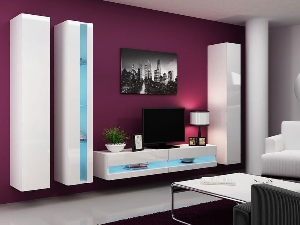 Veneti Stena do obývacej izby s LED modrým osvetlením ASHTON N7 - biela / lesklá biela