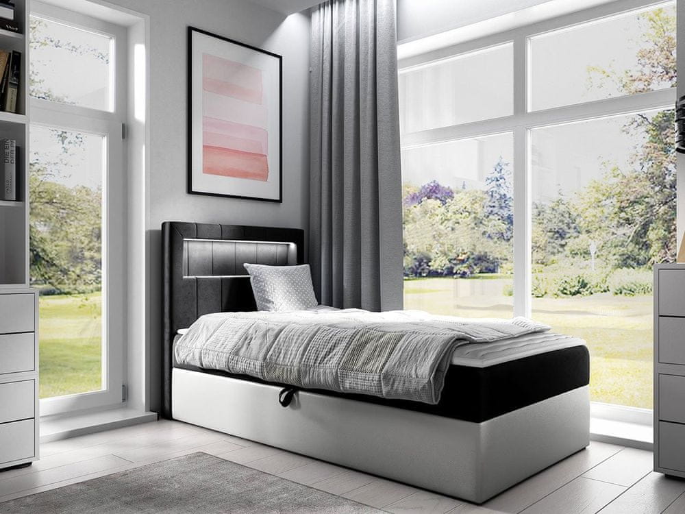 Veneti Kontinentálna jednolôžková posteľ 100x200 RAMIRA 1 - biela ekokoža / čierna, ľavé prevedenie + topper ZDARMA