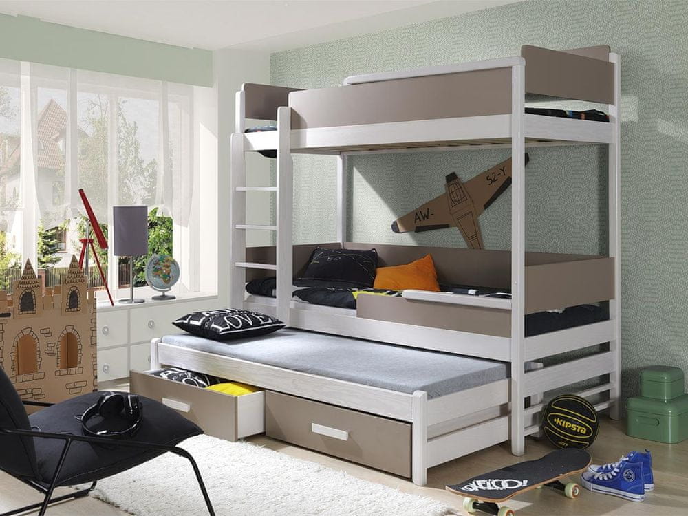 Veneti Detská poschodová posteľ pre troch 80x180 MEDEBACH - biela / dub hľuzovka, ľavé prevedenie