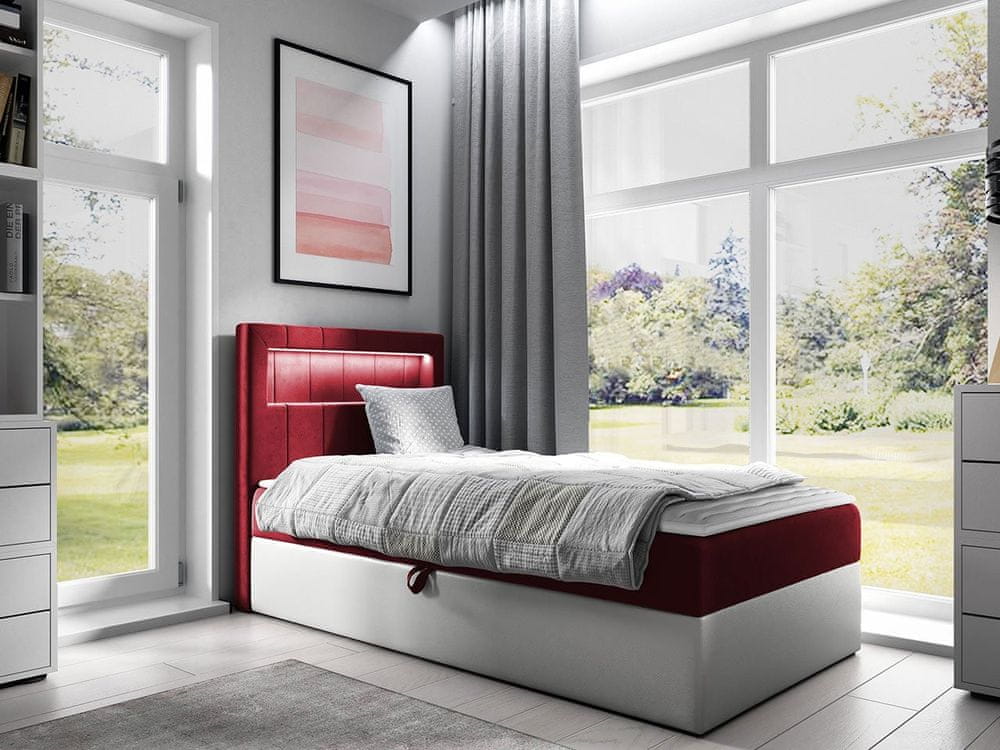 Veneti Kontinentálna jednolôžková posteľ 80x200 RAMIRA 1 - biela ekokoža / červená, ľavé prevedenie + topper ZDARMA
