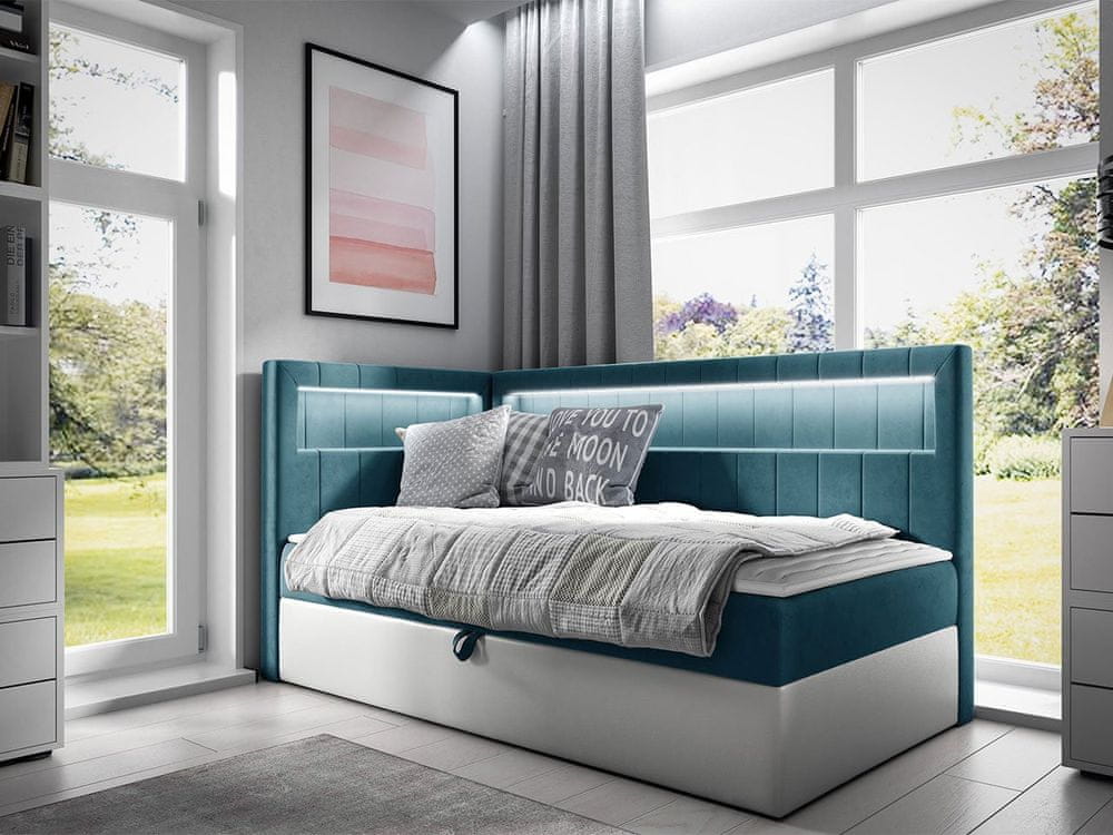 Veneti Kontinentálna jednolôžková posteľ 100x200 RAMIRA 3 - biela ekokoža / modrá 2, ľavé prevedenie + topper ZDARMA