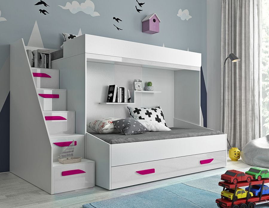 Veneti Detská poschodová posteľ s úložným priestorom Derry - biela/ružové úchyty