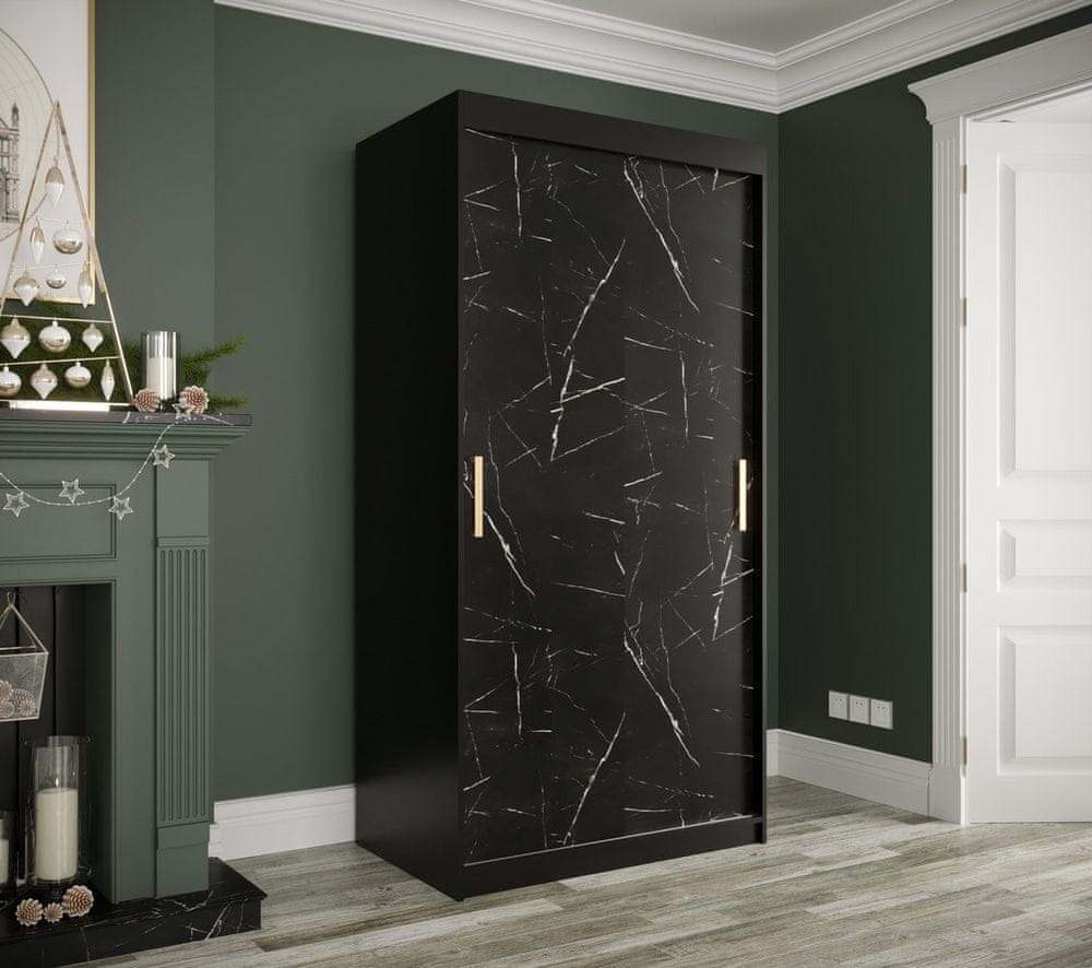 Veneti Skriňa s posuvnými dverami MAREILLE 1 - šírka 100 cm, čierna / čierny mramor