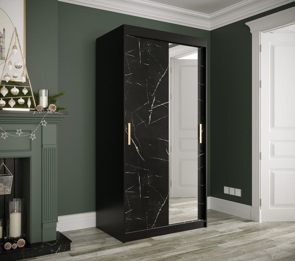 Veneti Zrkadlová skriňa s posuvnými dverami MAREILLE 3 - šírka 100 cm, čierna / čierny mramor