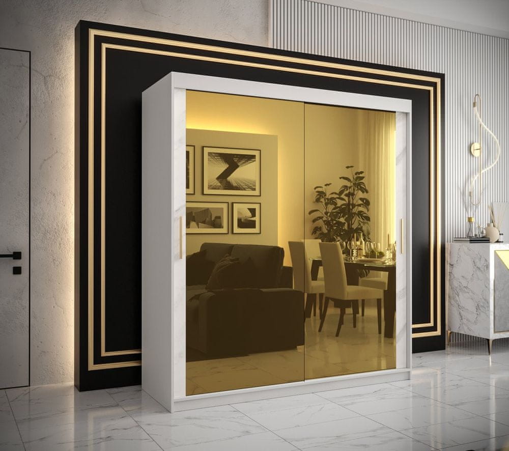 Veneti Dizajnová šatníková skriňa so zlatým zrkadlom MADLA 3 - šírka 180 cm, biela