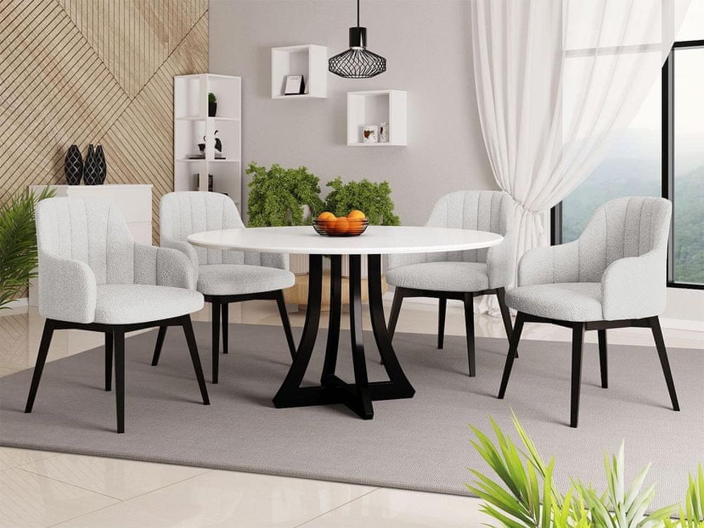 Veneti Okrúhly jedálenský stôl 120 cm so 4 stoličkami TULZA 2 - lesklý čiernobiely / biely