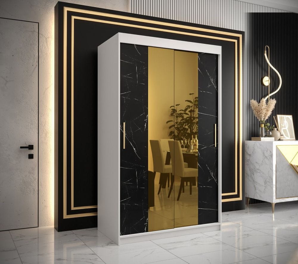 Veneti Dizajnová šatníková skriňa so zlatým zrkadlom MADLA 1 - šírka 120 cm, biela / čierna