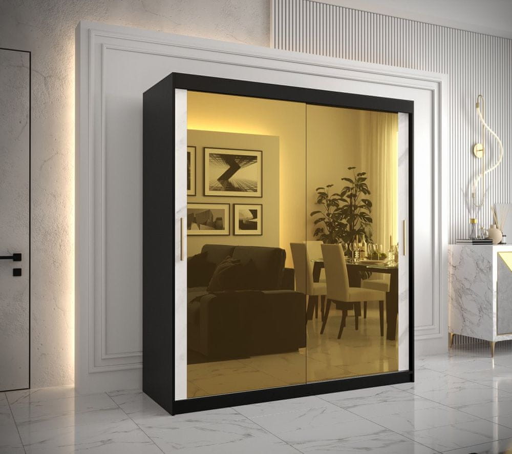 Veneti Dizajnová šatníková skriňa so zlatým zrkadlom MADLA 3 - šírka 180 cm, čierna / biela