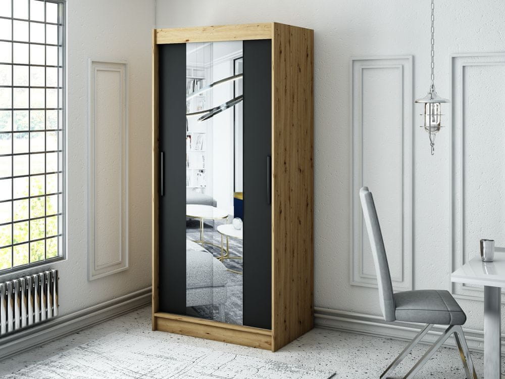 Veneti Šatníková skriňa s posuvnými dverami LURDES 2 - šírka 100 cm, dub artisan / čierna