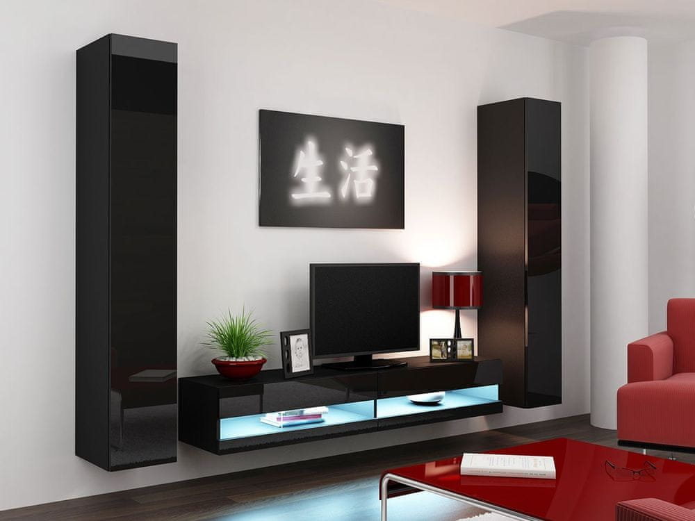 Veneti Stena do obývacej izby s LED modrým osvetlením ASHTON N4 - čierna / lesklá čierna
