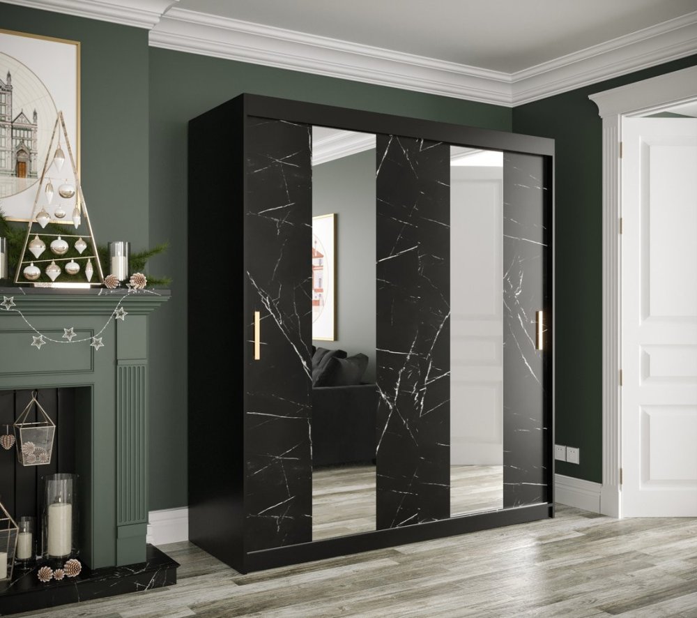 Veneti Šatníková skriňa s posuvnými dverami a zrkadlami MAREILLE 4 - šírka 180 cm, čierna / čierny mramor