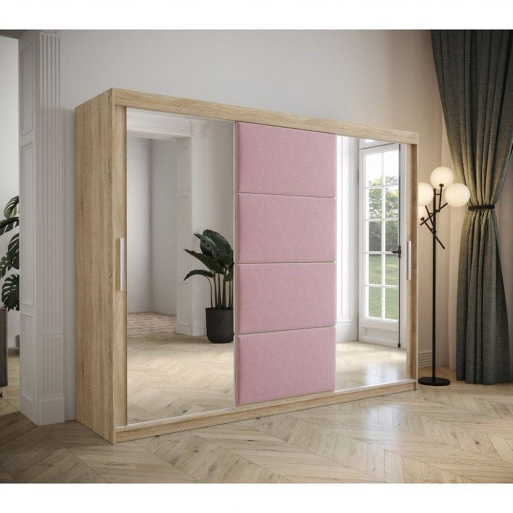 Veneti Šatníková skriňa s posuvnými dverami 250 cm TALIA - dub sonoma / ružová