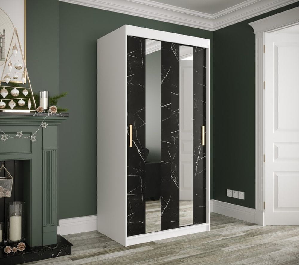 Veneti Šatníková skriňa s posuvnými dverami a zrkadlami MAREILLE 4 - šírka 100 cm, biela / čierny mramor