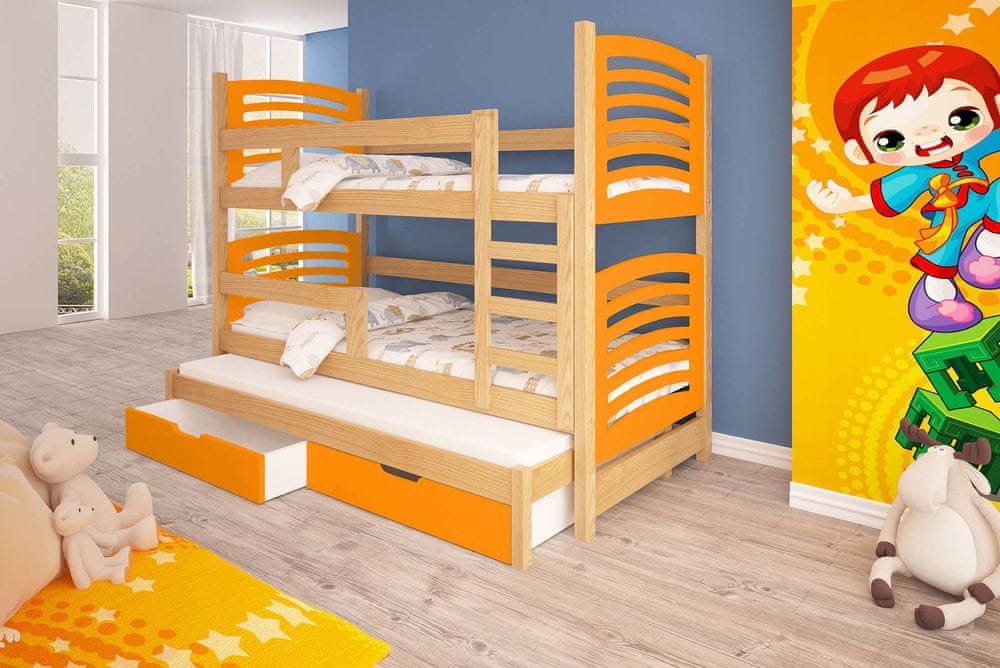 Veneti Detská poschodová posteľ pre troch KALA 2 - 75x180, borovica / oranžová