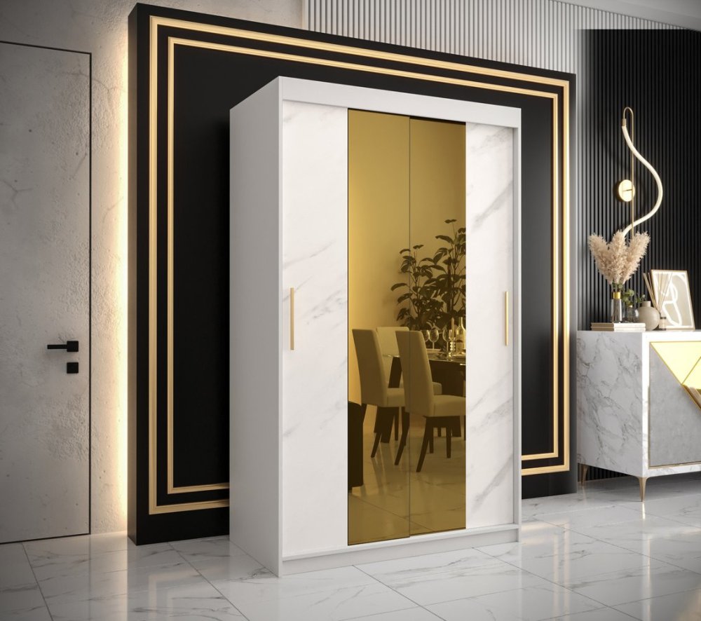 Veneti Dizajnová šatníková skriňa so zlatým zrkadlom MADLA 1 - šírka 120 cm, biela