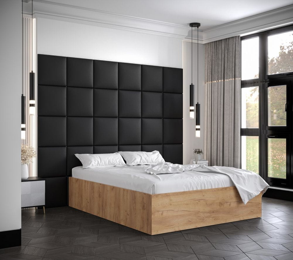 Veneti Manželská posteľ s čalúnenými panelmi MIA 3 - 160x200, dub zlatý, čierne panely z ekokože