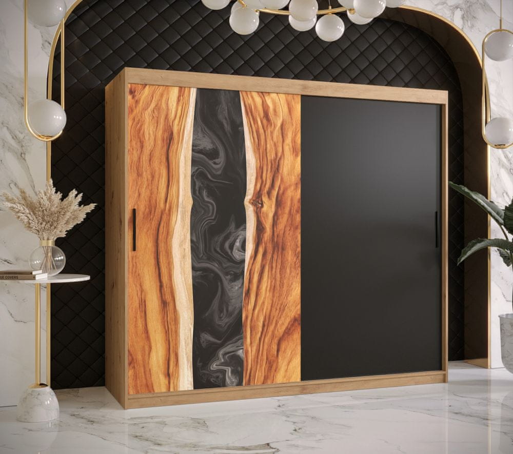 Veneti Šatníková skriňa s posuvnými dverami STACY 1 - šírka 200 cm, dub artisan / čierna
