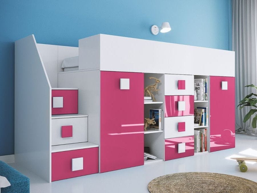 Veneti Detská poschodová posteľ s úložným priestorom a písacím stolom Willy - ružová ľavá