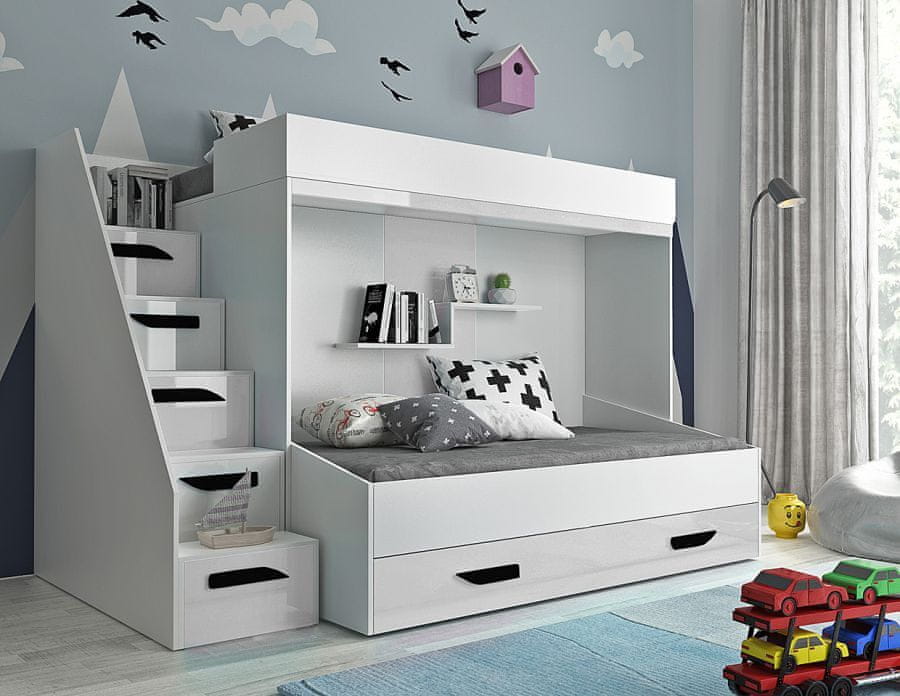 Veneti Detská poschodová posteľ s úložným priestorom Derry - biela/čierne úchyty